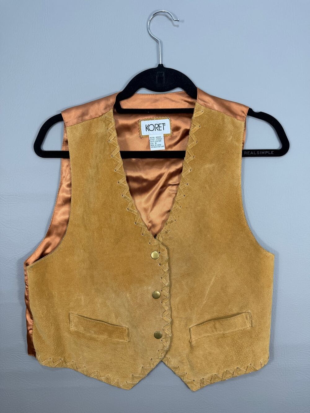 Vintage Koret Womens Sz S 100% Suede Leather Vest Whipstitch Snap Front Tan